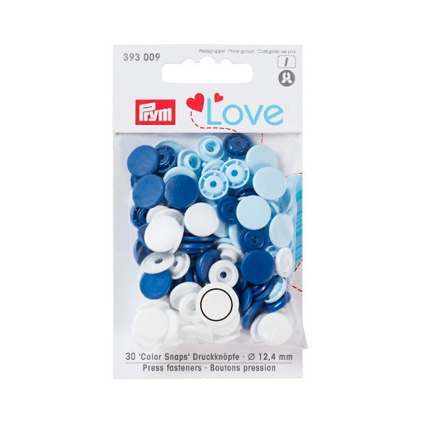 Nähfrei-Druckknöpfe Color Snaps rund 12,4 mm - Prym Love, blau/hellblau/weiß, 30 Stk.