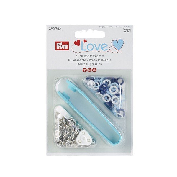 Nähfrei-Druckknöpfe Jersey 8 mm Ring (mit Werkzeug) - Prym Love, blau/weiß/hellblau, 21 Stk.